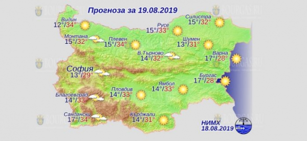 19 августа в Болгарии — днем +34°С, в Причерноморье +28°С