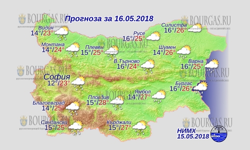 16 мая в Болгарии — дожди и грозы, днем +28°С, в Причерноморье +26°С