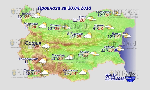30 апреля в Болгарии — днем +28°С, в Причерноморье +20°С
