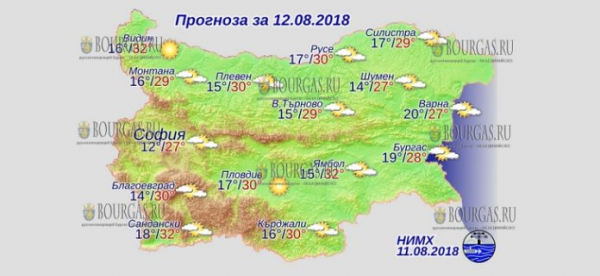 12 августа в Болгарии — солнечно температура воды повсеместно +27°С, днем +32°С, в Причерноморье +28°С