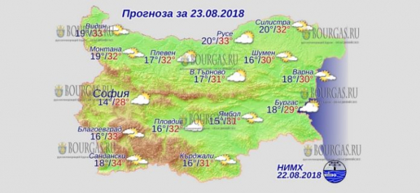 23 августа в Болгарии — сильное волнение моря до 4-х баллов, днем +34°С, в Причерноморье +30°С