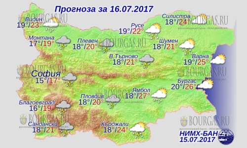 16 июля погода в Болгарии +27°С, кратковременные дожди и грозы