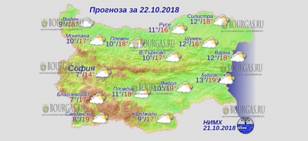 22 октября в Болгарии — дожди, днем +19°С, в Причерноморье +19°С