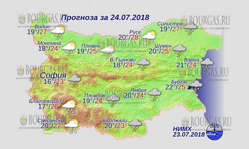 24 июля в Болгарии — погода испортилась, на всей территории дожди, днем +28°С, в Причерноморье +25°С