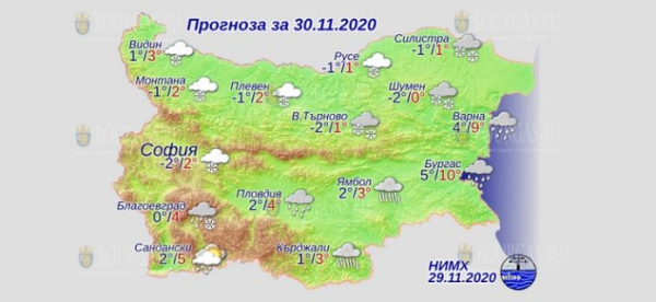 30 ноября в Болгарии — днем +5°С, в Причерноморье +10°С