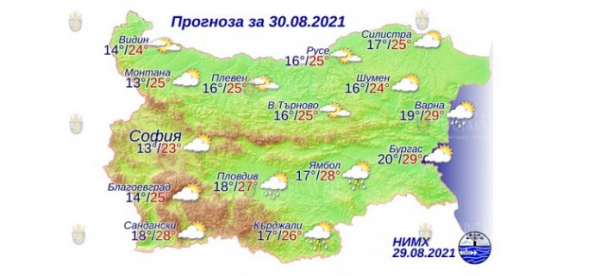 30 августа в Болгарии — днем +28°С, в Причерноморье +29°С