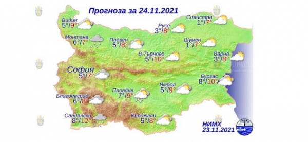 24 ноября в Болгарии — днем +12°С, в Причерноморье +10°С