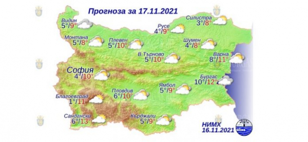 17 ноября в Болгарии — днем +13°С, в Причерноморье +12°С